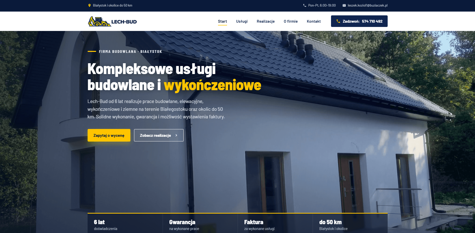 Lech-Bud homepage β hero section headlining construction and finishing services over a photo of a detached house.