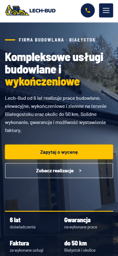 Lech-Bud homepage on mobile β hero and services section adapted to a phone screen.