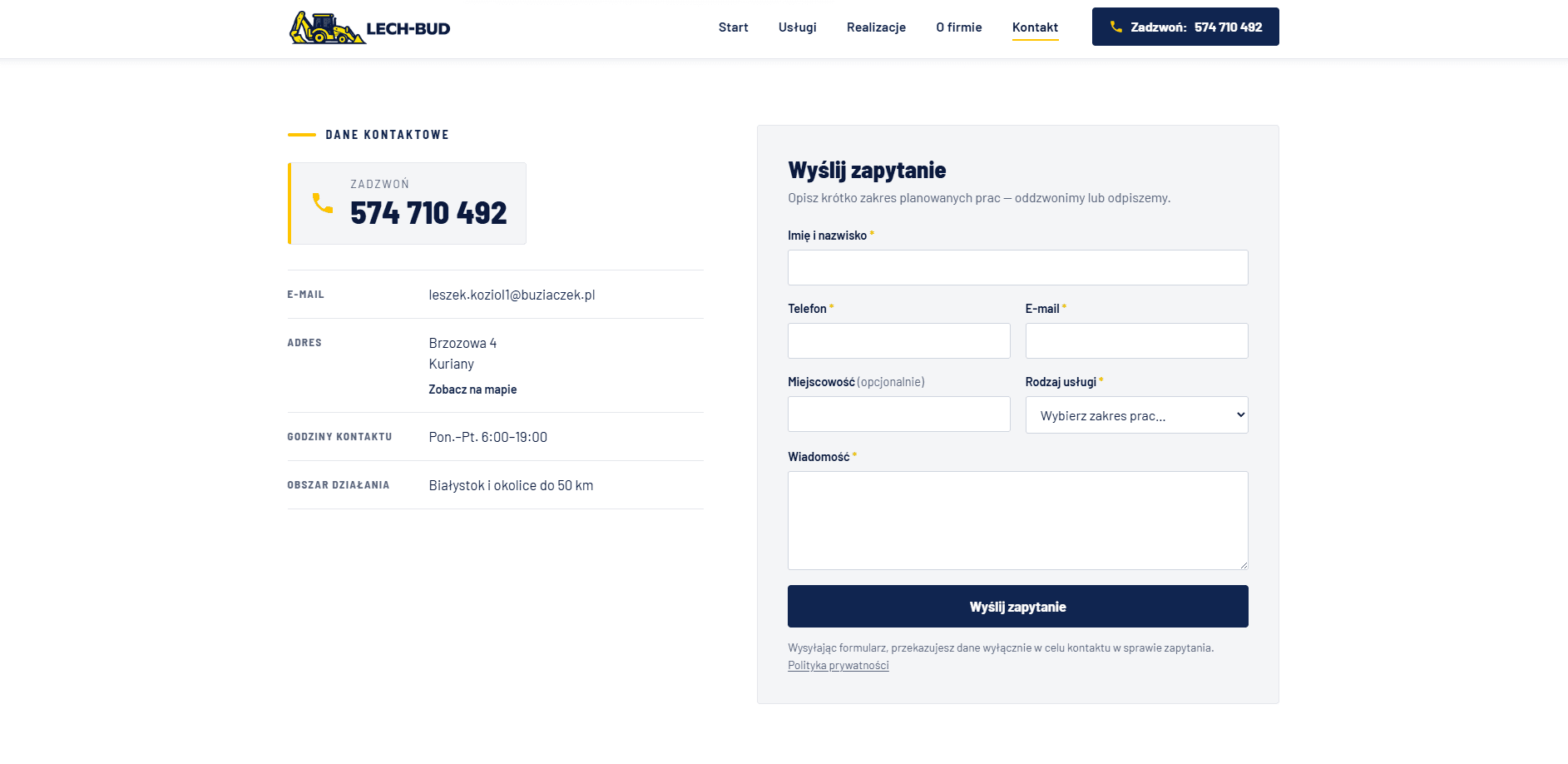 Lech-Bud contact page on desktop β contact details next to an enquiry form.
