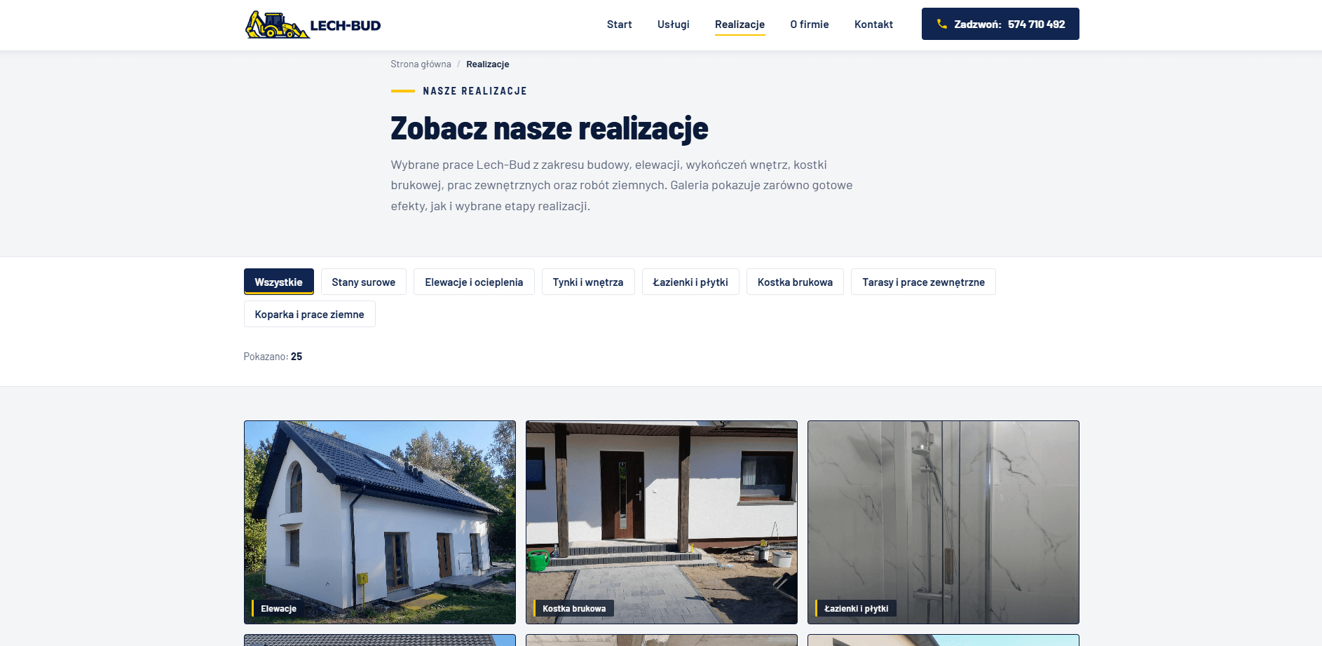 Lech-Bud projects page on desktop β a photo gallery filterable by type of work.