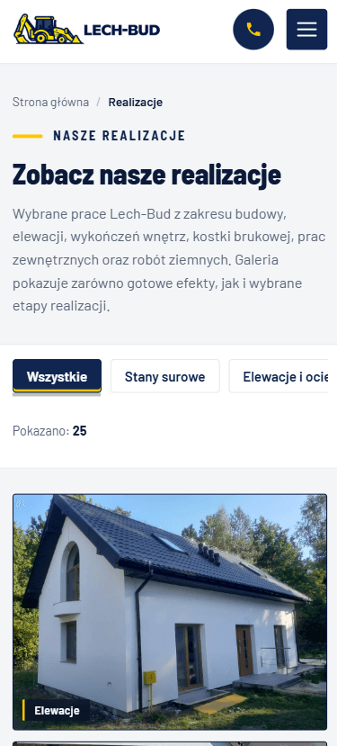 Lech-Bud projects page on mobile β filterable gallery laid out for a phone.